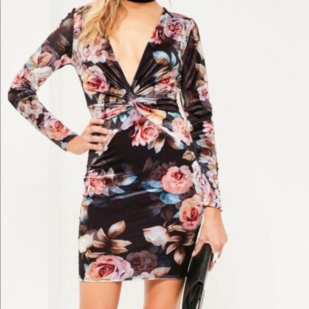 Misguided Velvet Black Floral Knot Front Dress